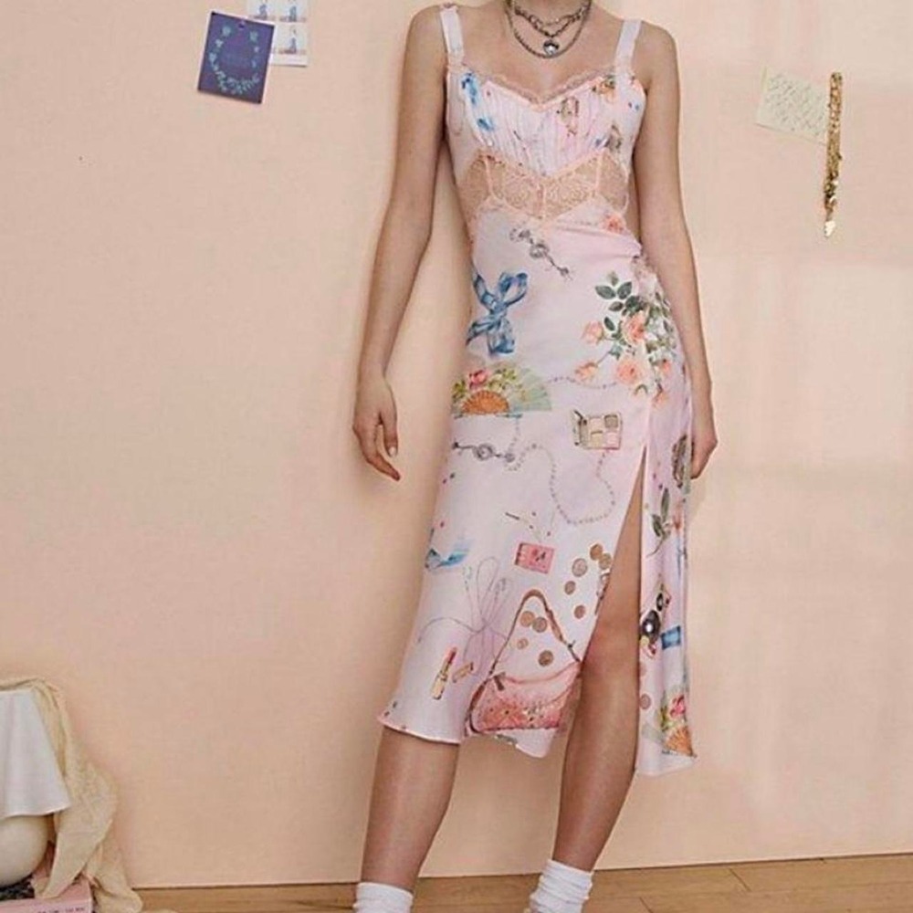 Kimchi Blue Graphic Collage Print Lace Slip Midi Dress – Size L